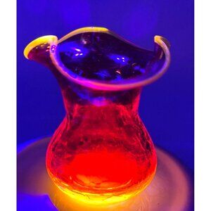 Vintage Crackle Amberina Glass Vase With Ruffled Edge 3.75" Tall Cadmium Glow